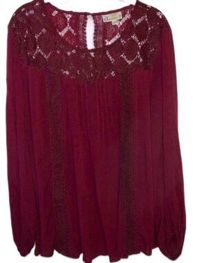 Tanzara Popover Blouse Womens Plus Size 3X Burgundy Red Crochet Detail Airy